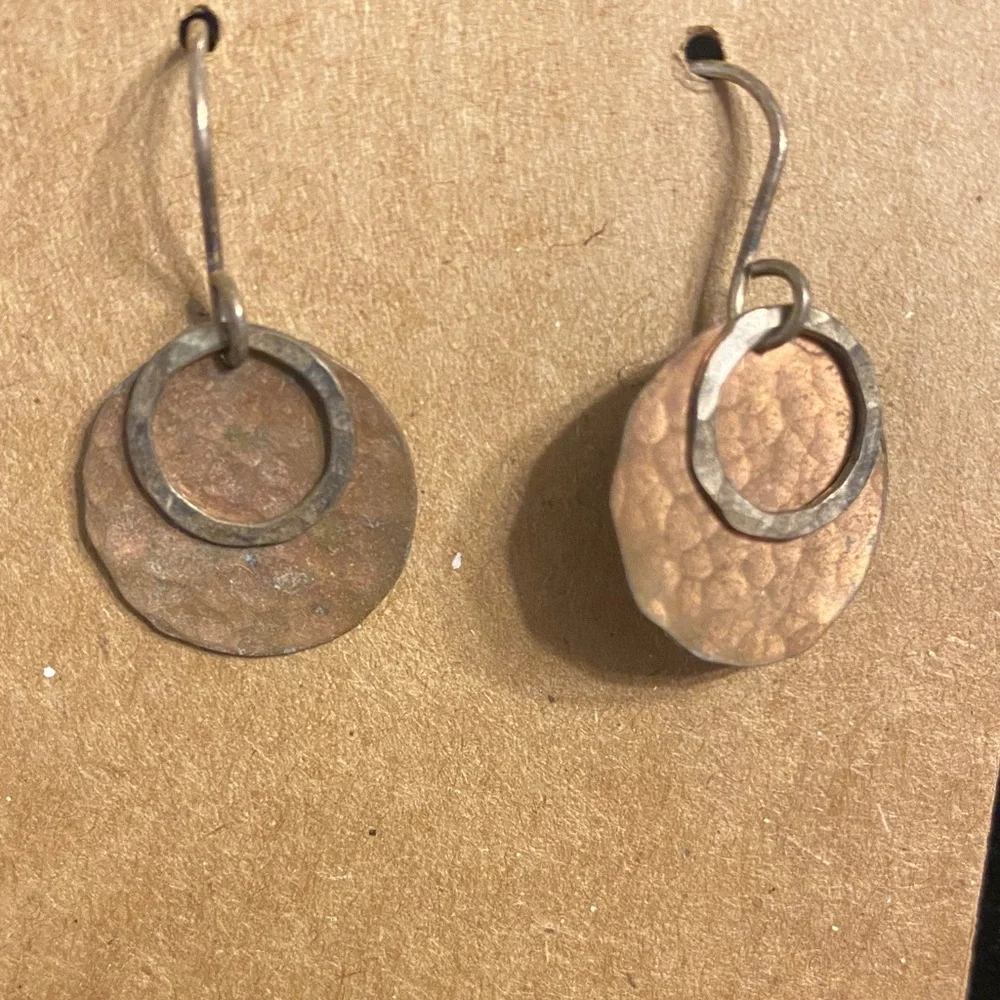 Hammered Bronze Industrial Boho Double Circle Dangle Earrings Handmade